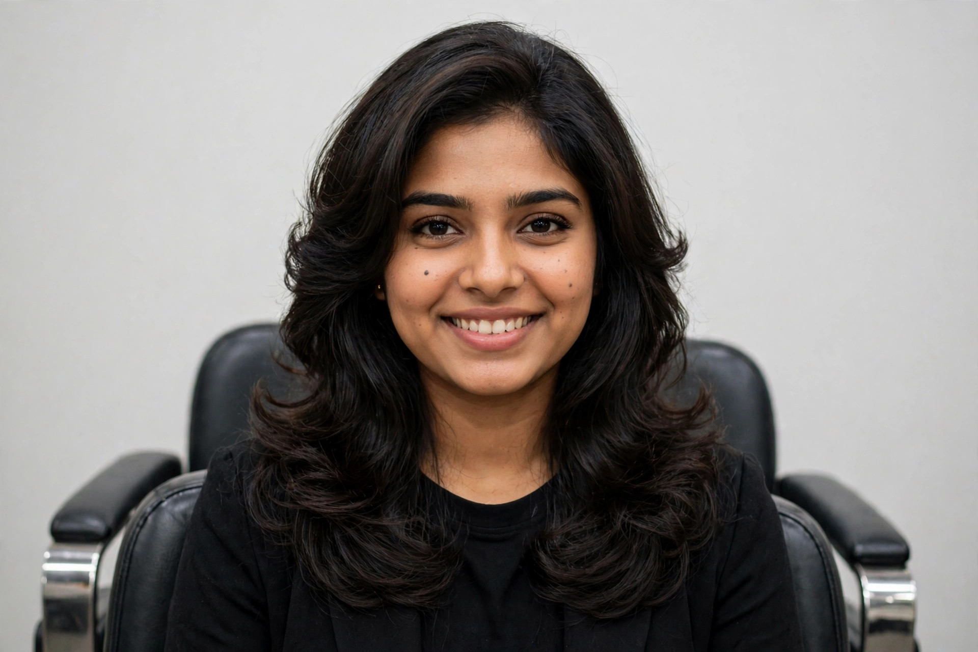 Same woman with voluminous layered haircut after styling
